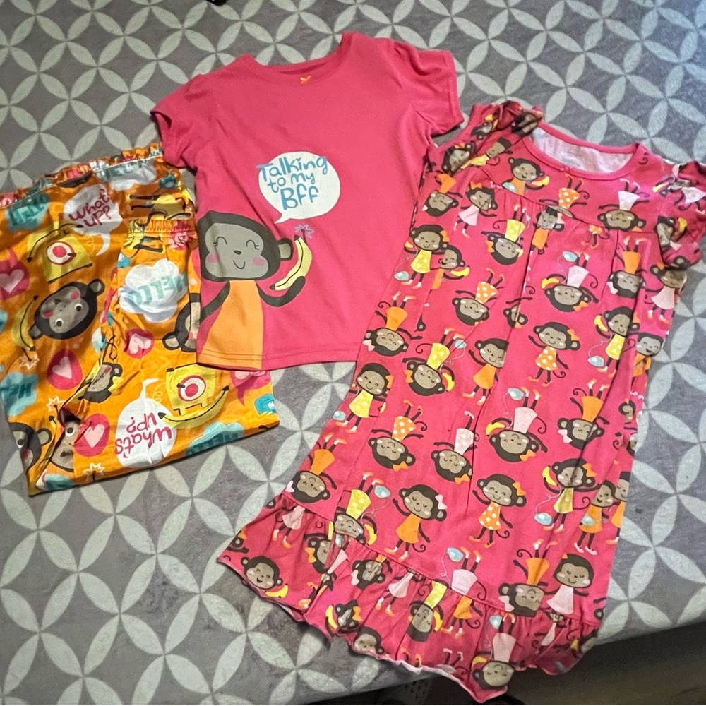 Carter's Pink and Orange Monkey Pajamas and Nightgown Set